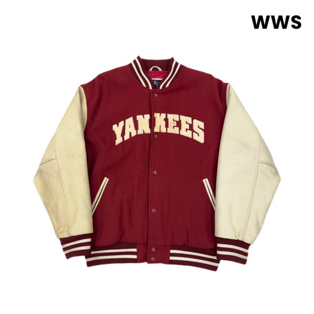WWS MLB 90s 양키스 소가죽 모직 울 바시티 자켓