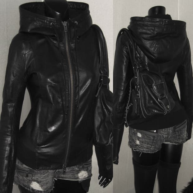 Moussy 마우지 하이넥 양 가죽 쉽스킨 후드 레더 자켓 집업