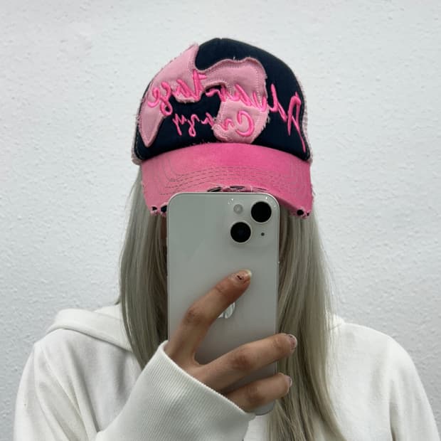2000s 빈티지 데미지 핑크 Y2K 볼캡