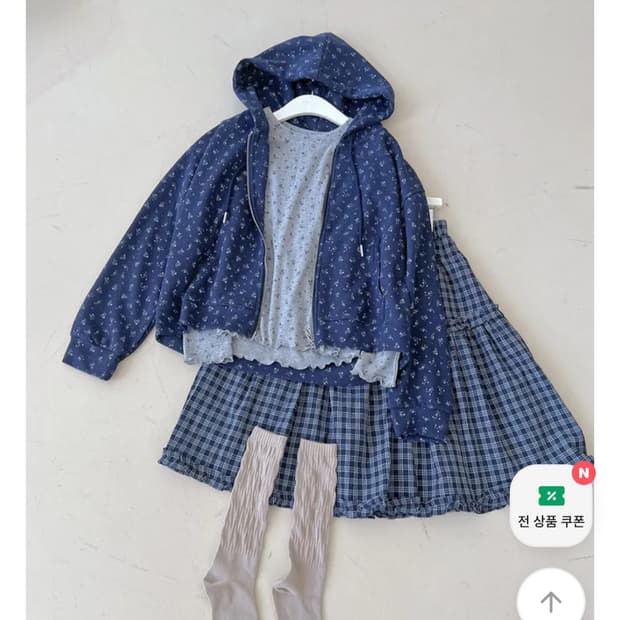 3점 코디 세트)네이비튜튜 후드집업 티셔츠 미디스커트 플로럴 체크