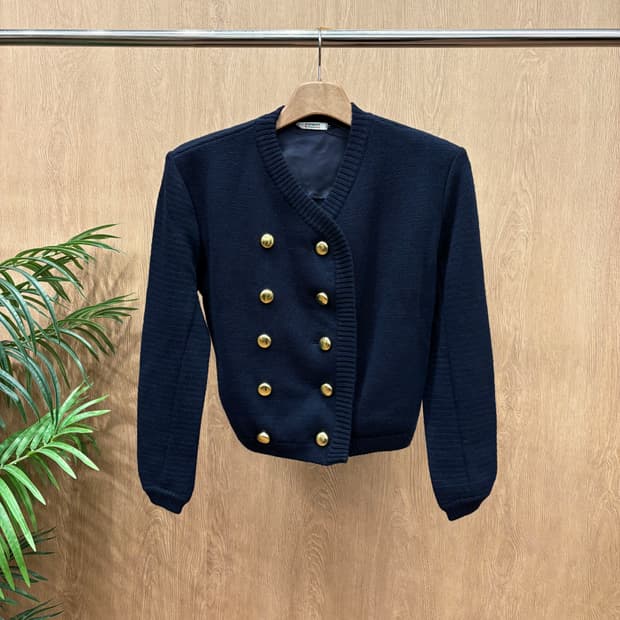 입생로랑 울 니트 가디건 자켓 시그니처 더블 골드 버튼 디테일 딥 네이비