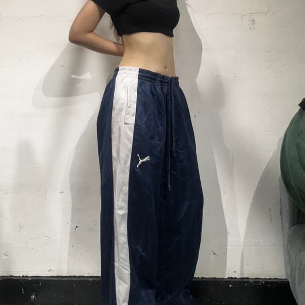 푸마 네이비 화이트 사이드 라인 와이드 팬츠 L