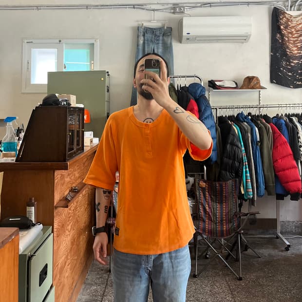 올드 스투시 오버핏 7부 헨리넥티셔츠