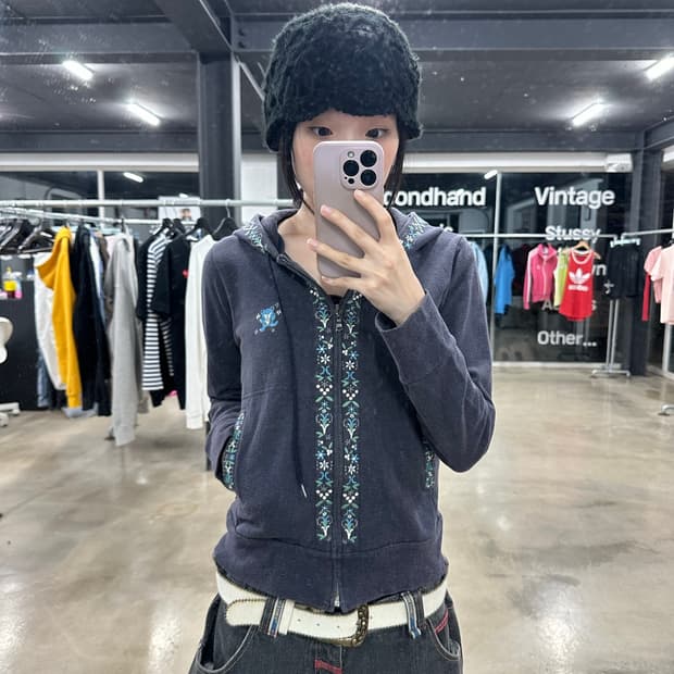 히스테릭글래머 뻑베어&플라워 자수 차콜 후드집업