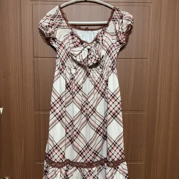 나눔) 리즈리사깔 빈티지 라떼갸루 체크 레이스 딸기초코 리본 반팔 원피스