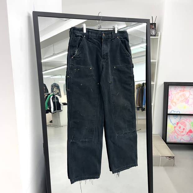 칼하트 OG 더블니 가죽패치 카펜터 덕캔버스 페이딩 워크팬츠 블랙