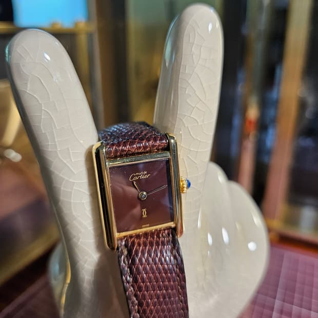 까르띠에 빈티지 머스트 탱크 925실버 18k금장 브라운 가죽 시계 수동