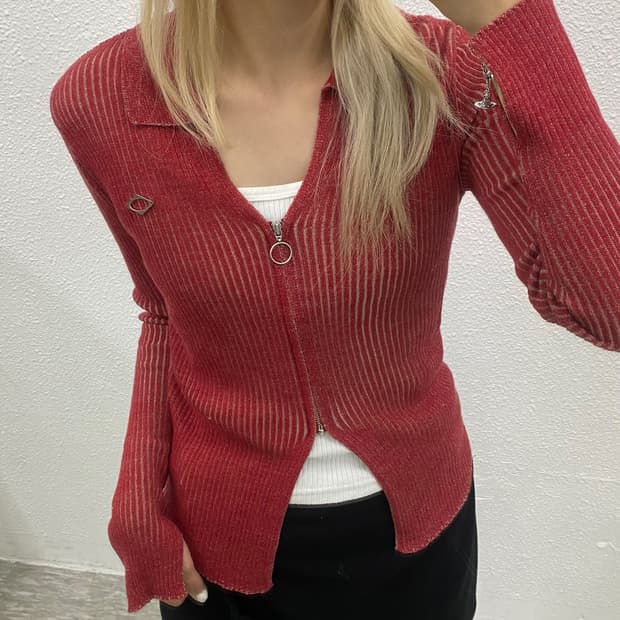 미스치프 니티드 롱 슬리브 레드 셔츠