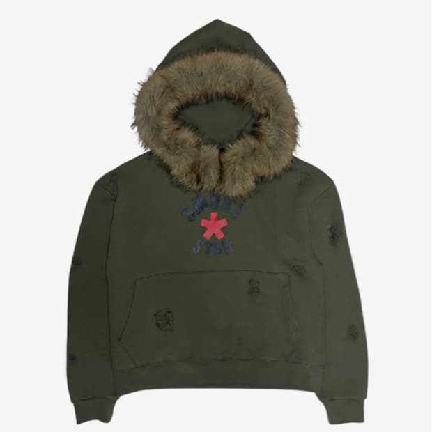 Destroyed Fur Crimson Hoodie (KHAKI)