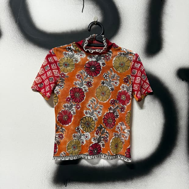 VTG 빈티지 오리엔탈 패턴 시스루 크롭 반폴라 반팔 티셔츠