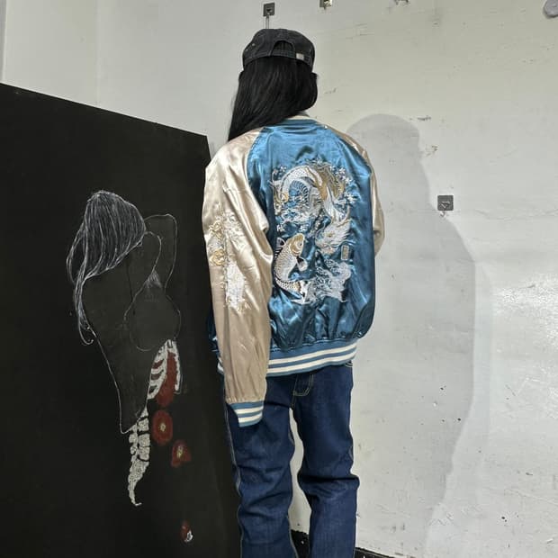 Jpn 일본빈티지 오리엔탈 네이비 민트 용 스카잔 자켓