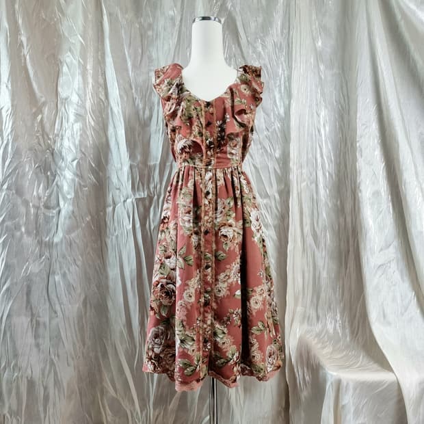 엑시즈팜 원피스 레드브라운 플라워 프릴 미디움 (55) 새상품