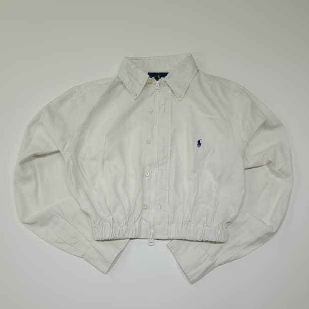 CL747 폴로 90s 리메이크 헤링본 화이트 크롭 집업 셔츠