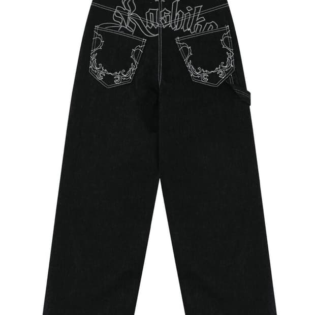 Embroied Nonfade Denim Pants Black