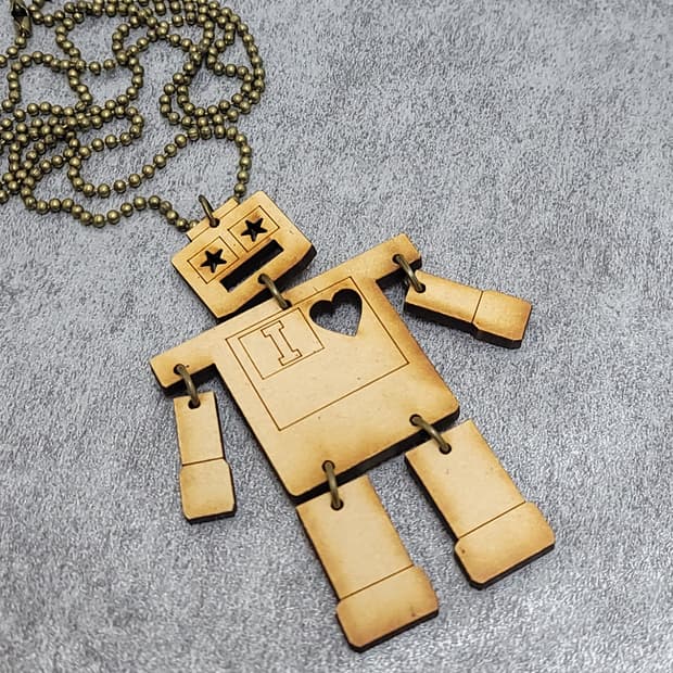 vintage wood robot necklace