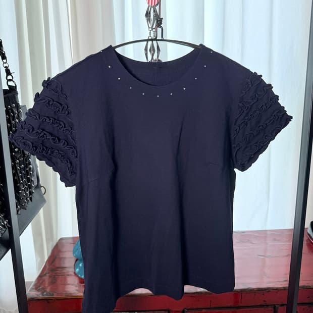 Crystal Embellished Navy Ruffle Blouse