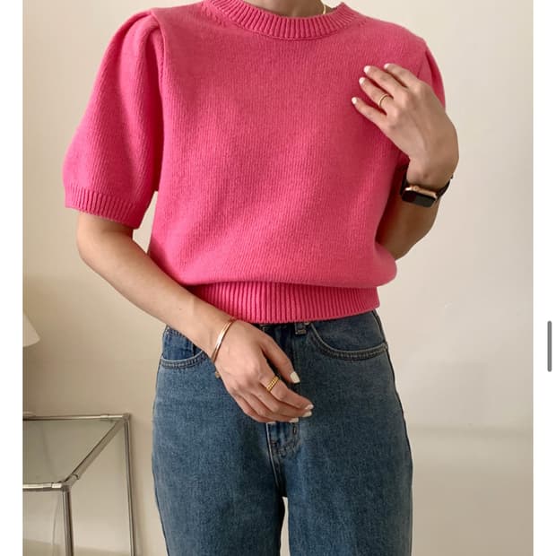 퍼프 크롭 반팔 니트 핑크