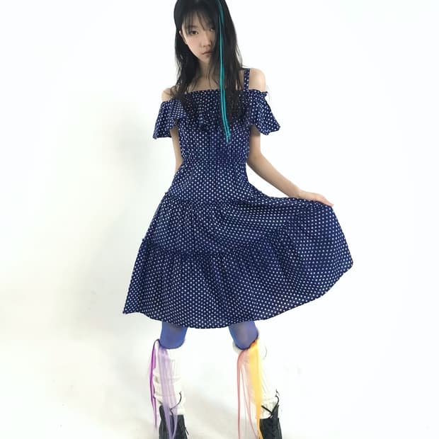 Deadstock)Navy Dot off-shoulder onepiece