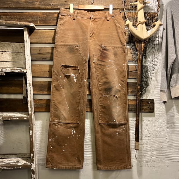 [34]칼하트 USA 빈티지 데미지드 페인팅 브라운 더블니 워크 팬츠