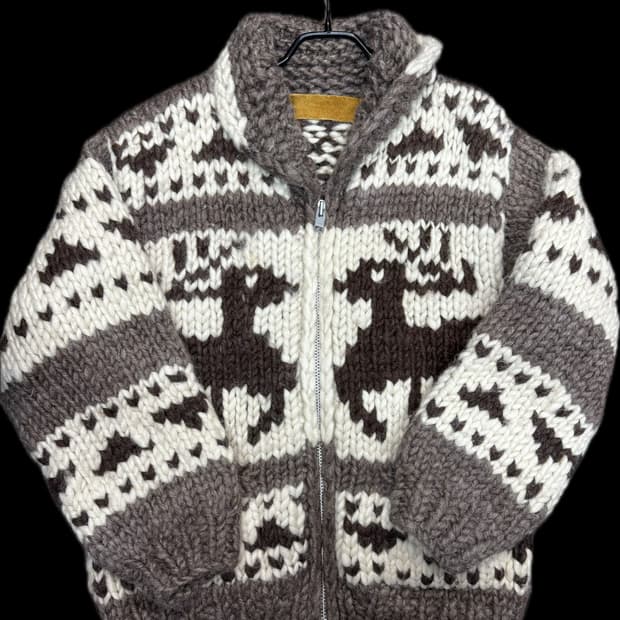 90's 핸드메이드 캐나다 코위찬 패턴 양모 니트집업 L