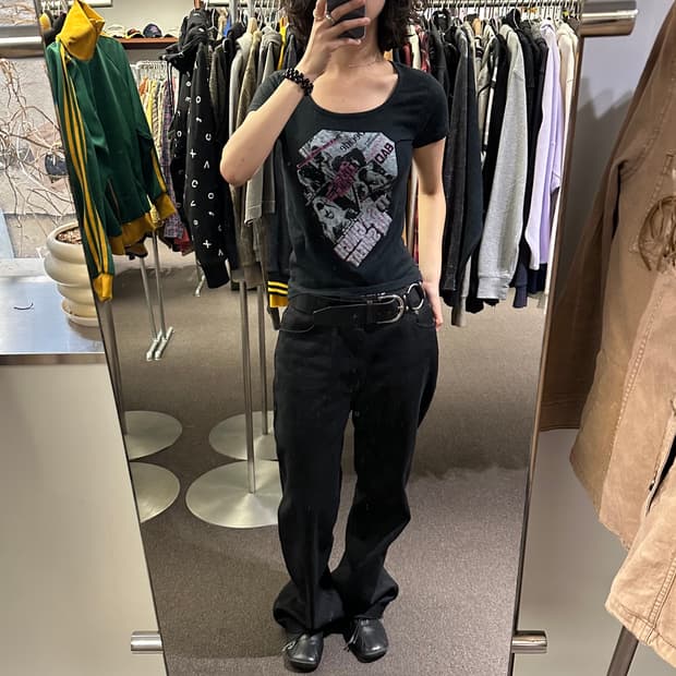 M)Japanese vintage 여성 프린팅 블랙 반팔