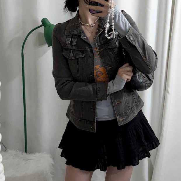 다크 그레이 넥 버클 데님 자켓