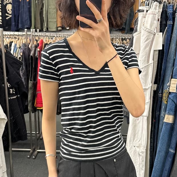 S)폴로 랄프 로렌 빈티지 여성 v넥 스트라이프 반팔