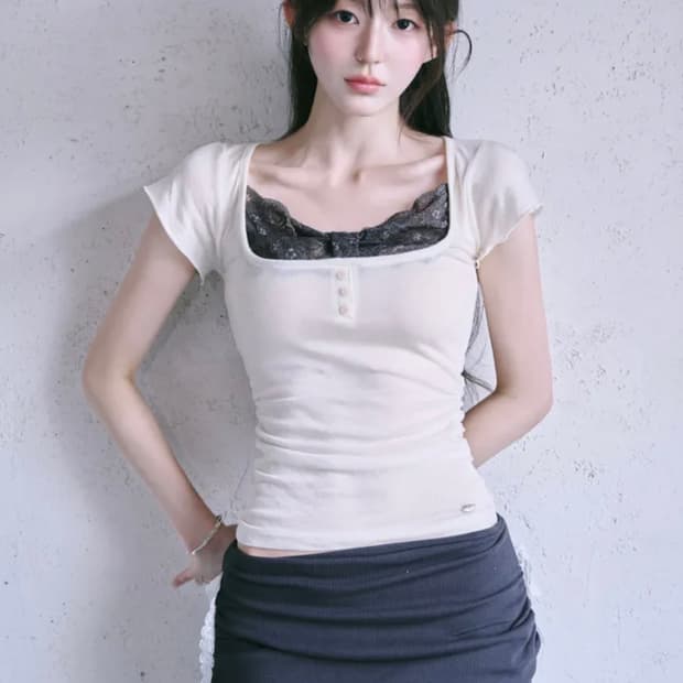 잔느 누벨 리본 시스루 레이스 반팔티 크림