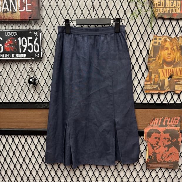 90s 지방시 미디 스커트 전면 플리츠 포인트 네이비