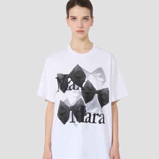 막스마라 리본 프린팅 여성복 면라운드 반팔티