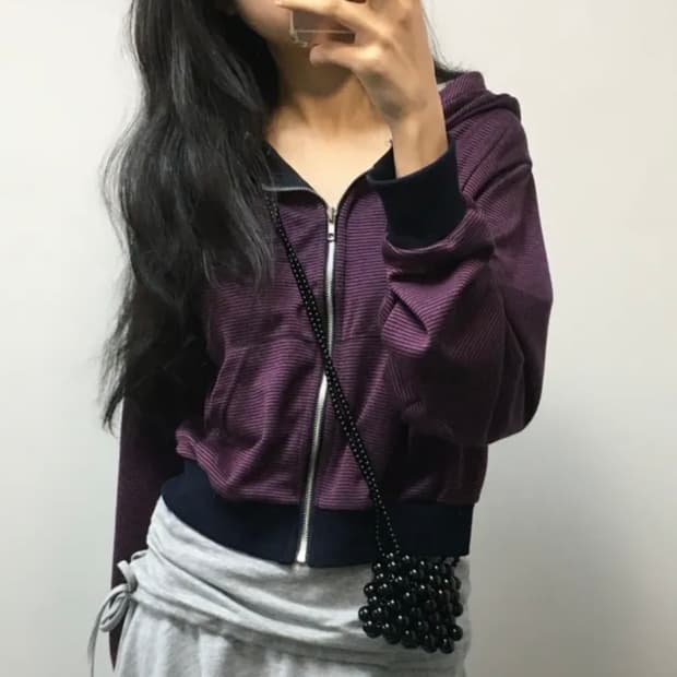 새상품) 퍼플 스트라이프 후드집업 (빈티지 크롭 보라 단가라 보세)