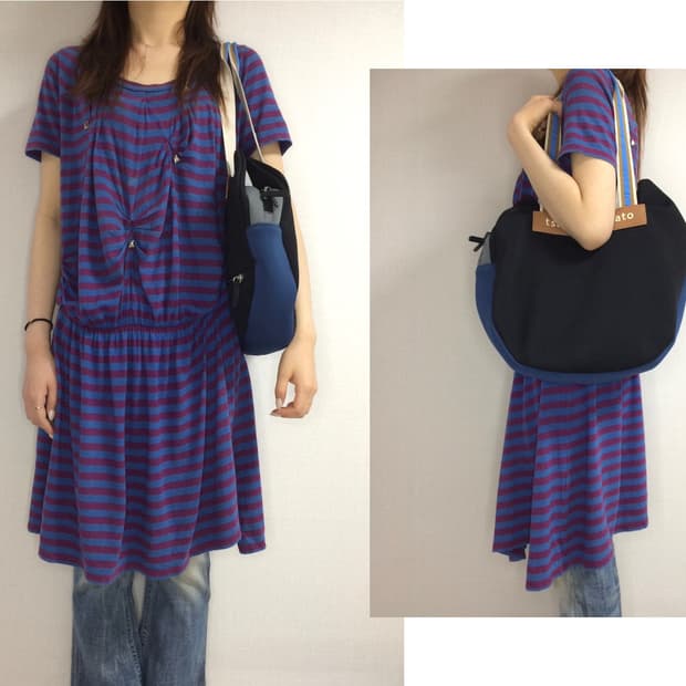 스나오 쿠와하라 퍼플 스트라이프 셔링 반팔 원피스