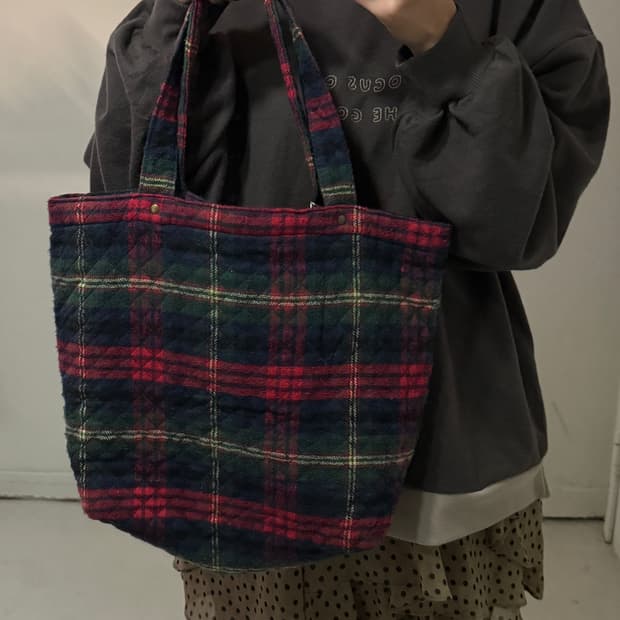 일본빈티지 타탄체크 겨울 토트백