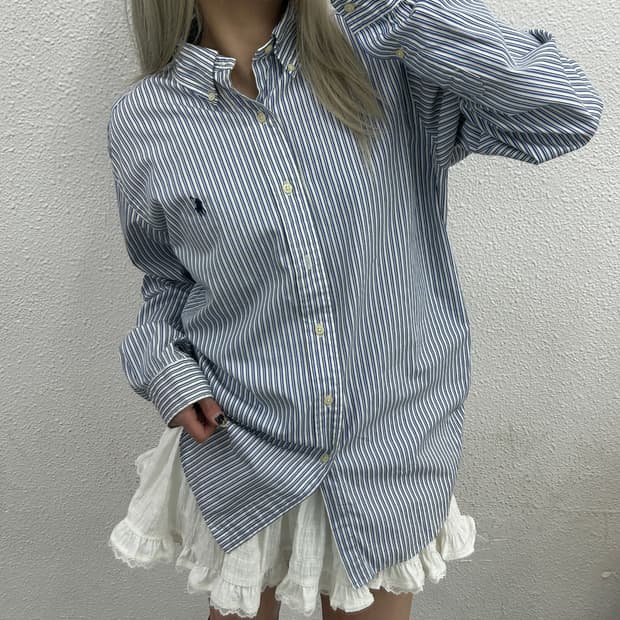 폴로 랄프로렌 네이비포니 블루 세로 단가라 셔츠 M