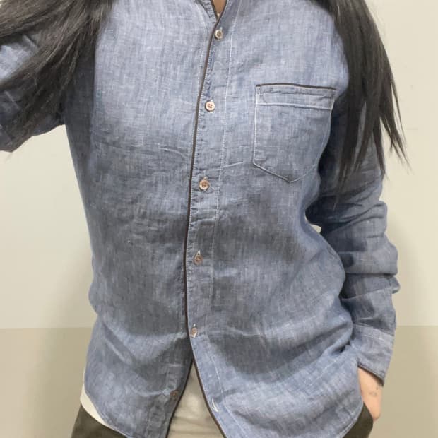 Beams heart 빔즈 하트 레더 파이핑 샴브레이 긴팔셔츠