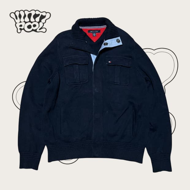 타미힐피거 투포켓 니트 집업 L 네이비