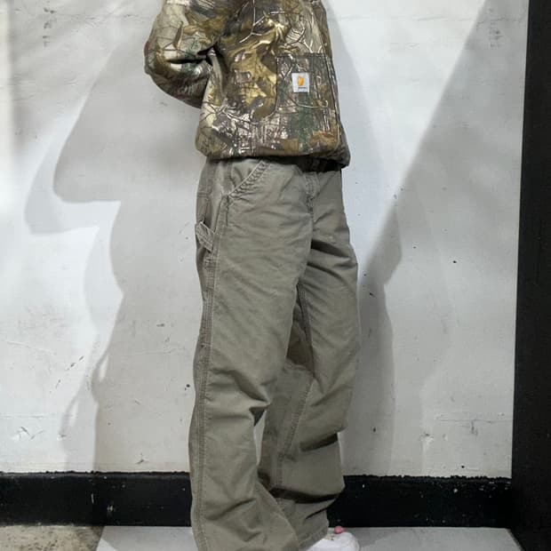 칼하트 b151 카키 와이드 카펜터 가죽탭 워크 팬츠 데님 바지