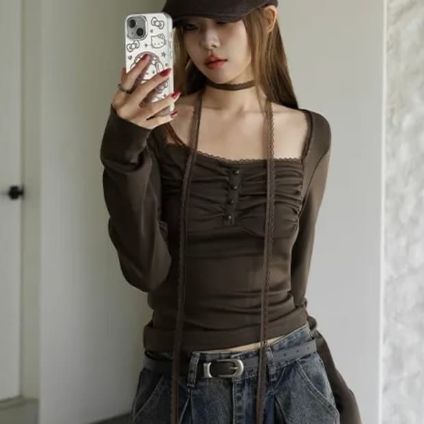 바이너리원 레이스 티셔츠 머플러 세트 브라운
