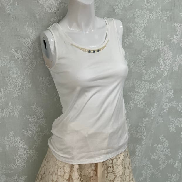 빈티지 화이트 진주 큐빅 레이스 나시 1102 모리걸 y2k 스트릿 갸루