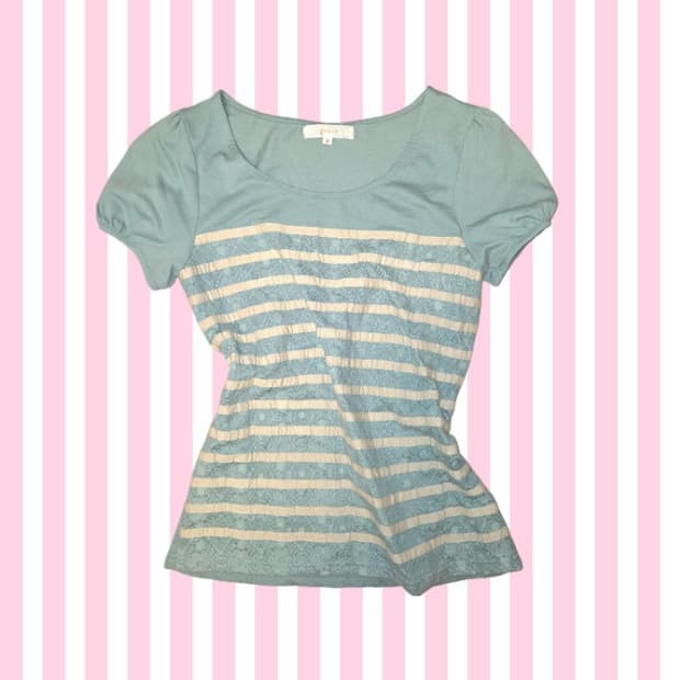 엑시즈팜 갸루 모리걸 민트 스트라이프 레이스 반팔