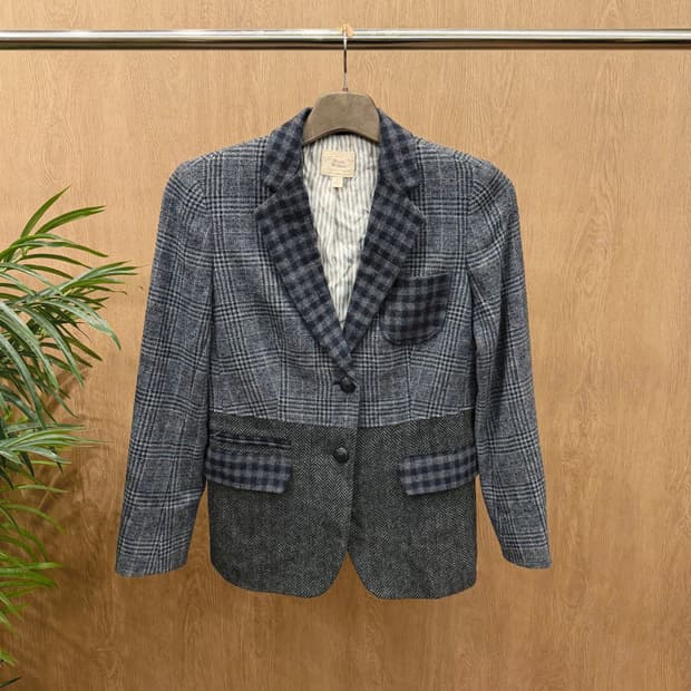브룩스 브라더스 자켓 숄카라 멀티 체크 패턴 배색 포켓 디테일 그레이