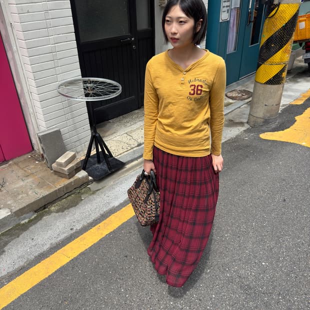 딥레드 타탄체크 롱 스커트