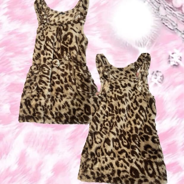 레오파드 초코갸루 폼폼이 민소매 퍼 원피스