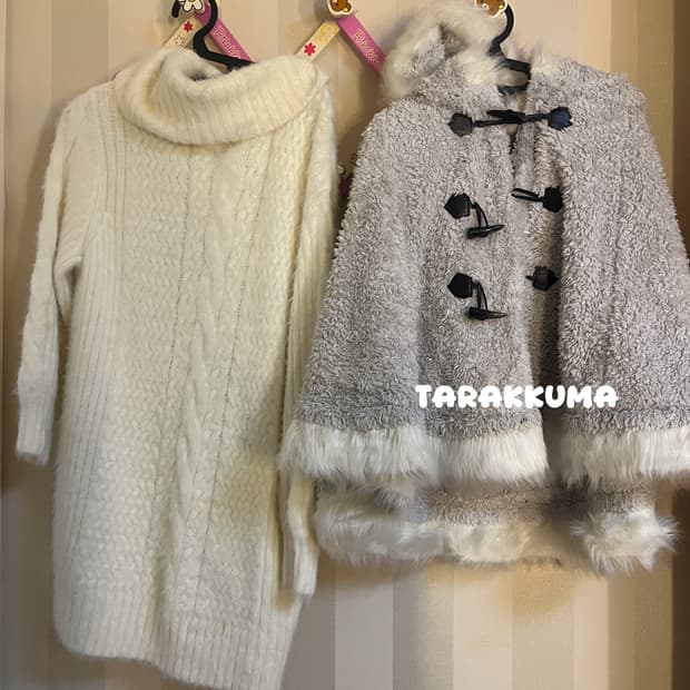 빈티지 콜자 코디세트 꽈배기니트원피스+떡볶이그레이케이프