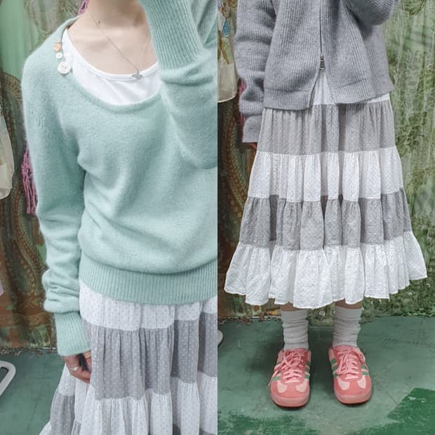 별 도트 패치워크 밴딩 미디 스커트 그레이