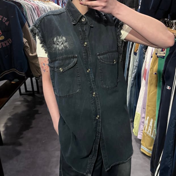  [IM] vtg 스컬 윙 프린팅 컷오프 데님 베스트 네이비