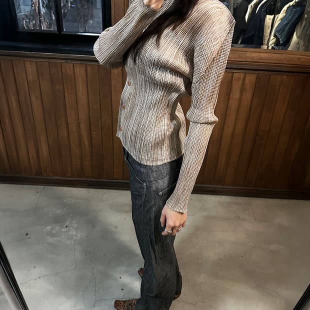 PLEATS PLEASE brown micro check cardigan