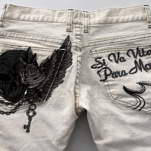 고스 펑크 스컬윙 워싱 화이트 데님 팬츠