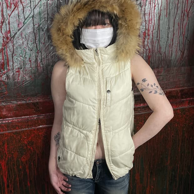 일본 빈티지 퍼 후드 울프죠 패딩조끼 베스트 L