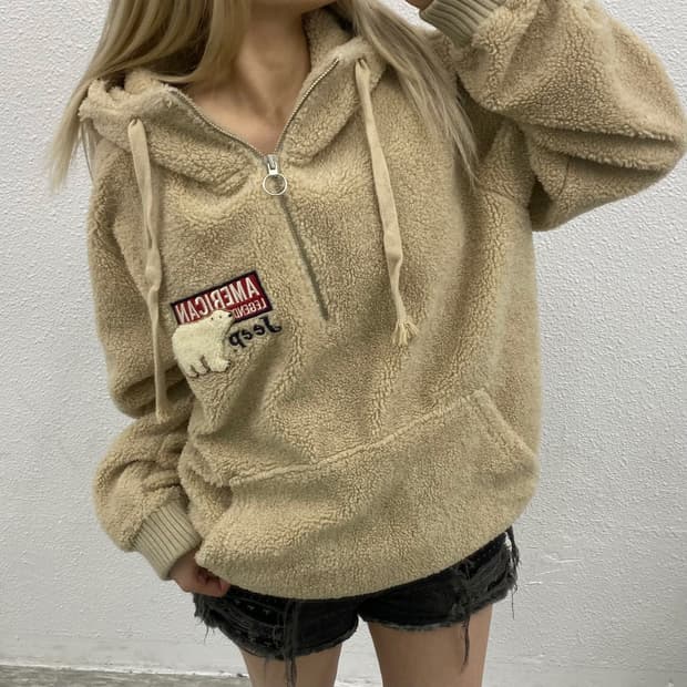 지프 곰돌이로고 베이지 뽀글이 후드 반집업 L